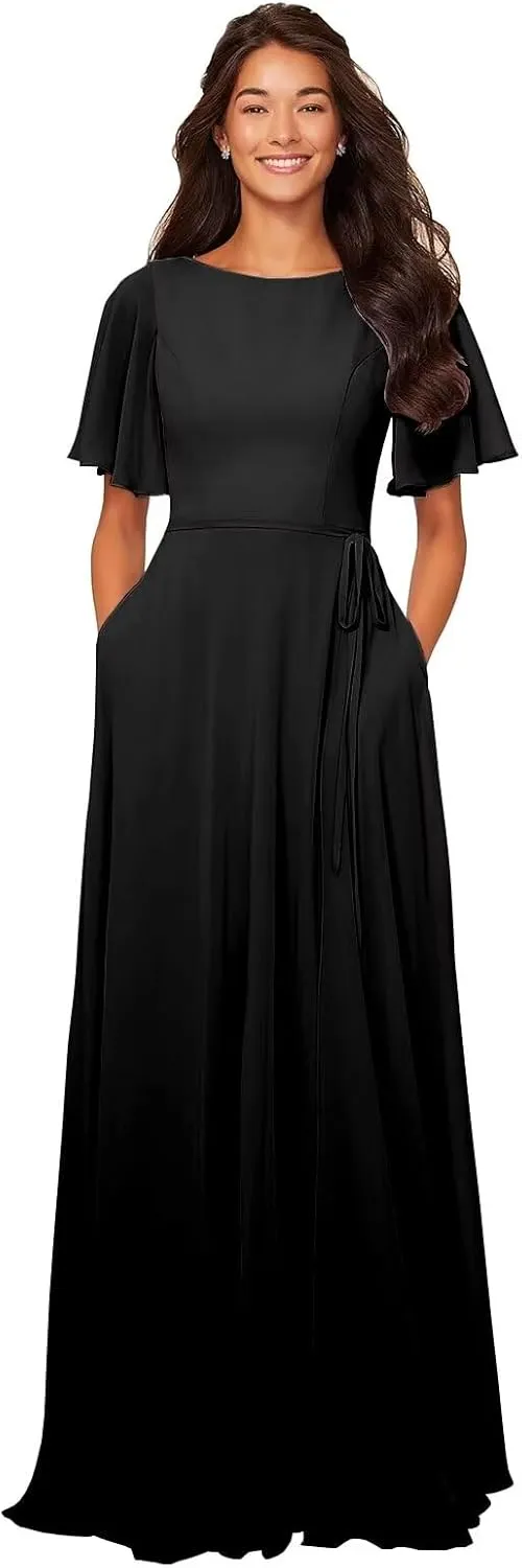 Modest Bridesmaid Dresses Short Sleeves Long Chiffon Formal Wedding Guest Gown with Pockets