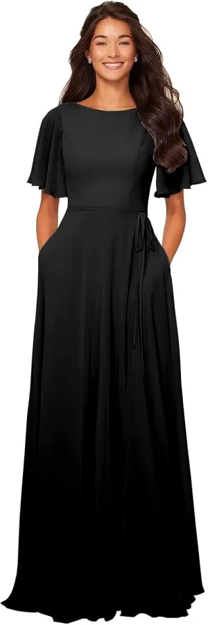 Modest Bridesmaid Dresses Short Sleeves Long Chiffon Formal Wedding Guest Gown with Pockets