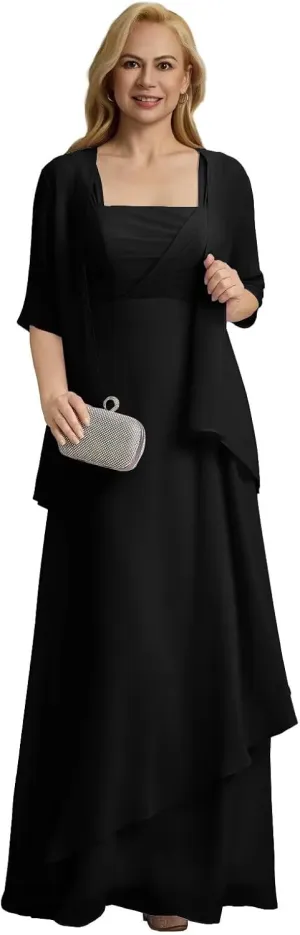 Mother of The Bride 2 Piece Dresses with Jacket Long 2025 Pleated Chiffon Formal Evening Gowns