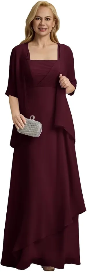 Mother of The Bride 2 Piece Dresses with Jacket Long 2025 Pleated Chiffon Formal Evening Gowns
