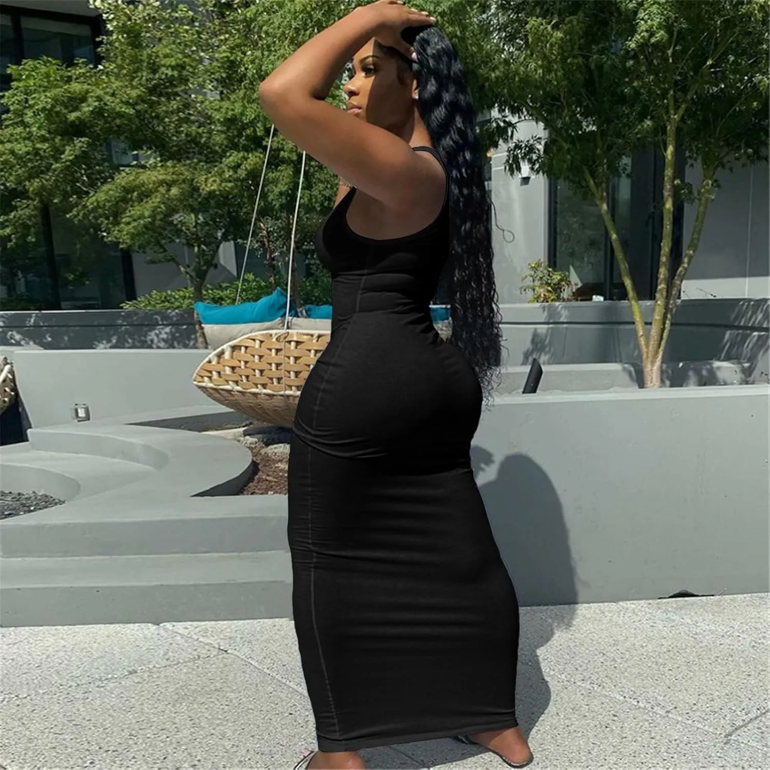 Nimsruc Women Casual Sexy Deep U Neck Tank Top Bodycon Dress Summer Sleeveless Wrap Long Basic Party Club Maxi Dresses