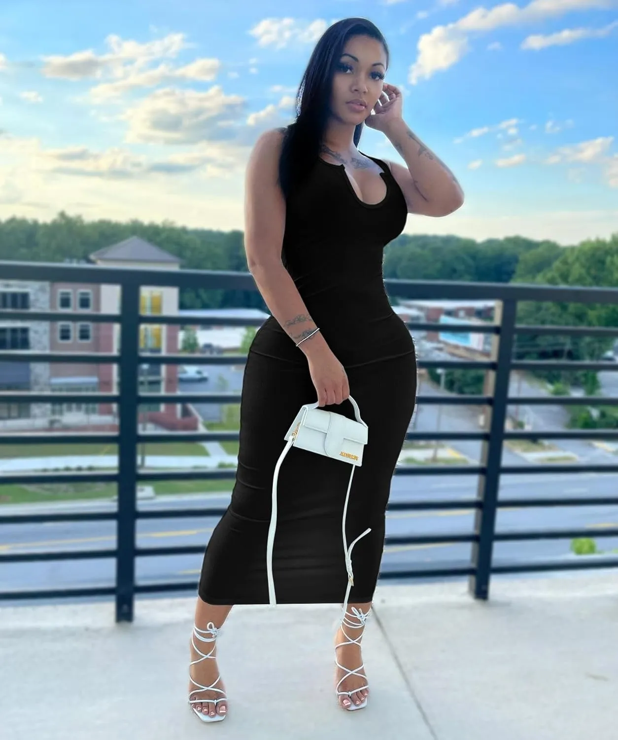 Nimsruc Women Casual Sexy Deep U Neck Tank Top Bodycon Dress Summer Sleeveless Wrap Long Basic Party Club Maxi Dresses