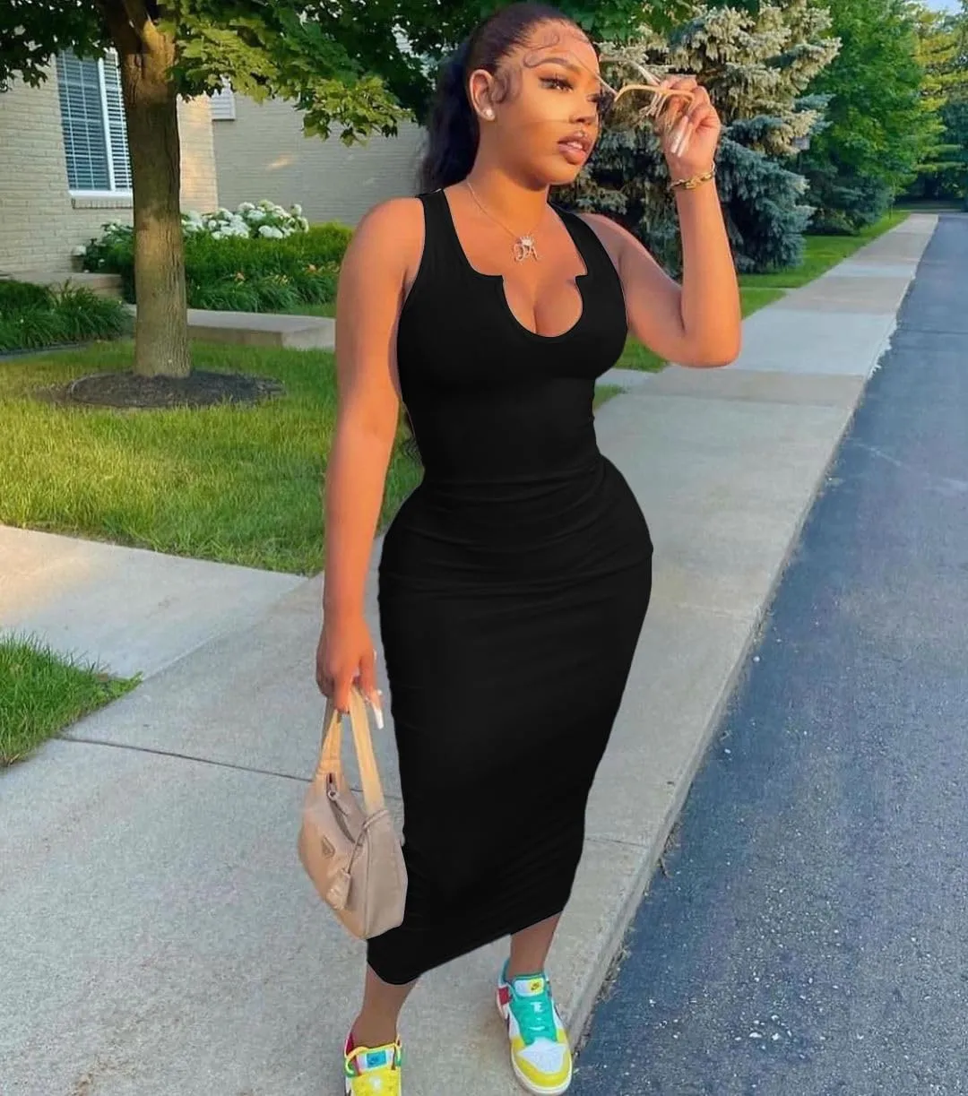 Nimsruc Women Casual Sexy Deep U Neck Tank Top Bodycon Dress Summer Sleeveless Wrap Long Basic Party Club Maxi Dresses