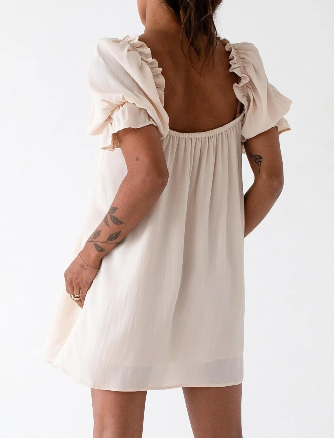NUFIWI Y2k Cute Babydoll Mini Dress for Women Short Puff Sleeve Ruffle Bow Tie Short Dress Fairy Loose Floral Sundress