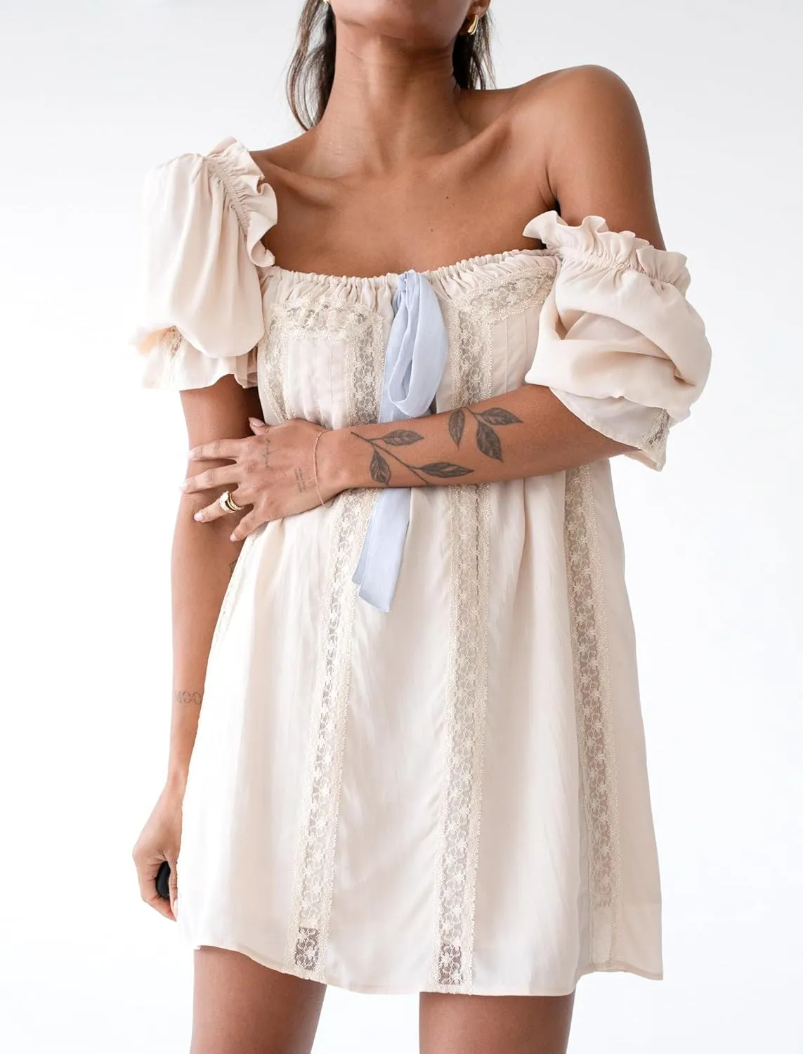 NUFIWI Y2k Cute Babydoll Mini Dress for Women Short Puff Sleeve Ruffle Bow Tie Short Dress Fairy Loose Floral Sundress