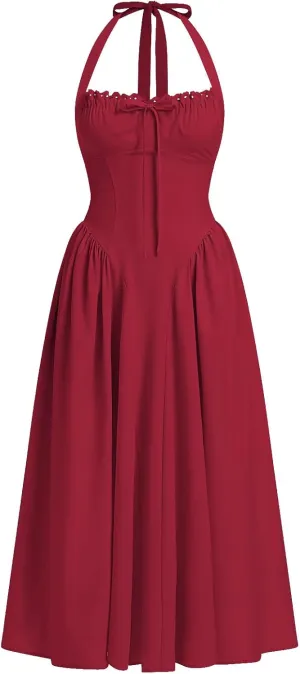 OBEEII Corset Dress for Women Summer Halter Neck Low Cut Bustier Midi Dress Flowy Pleated Hem Long Sundress with Pockets