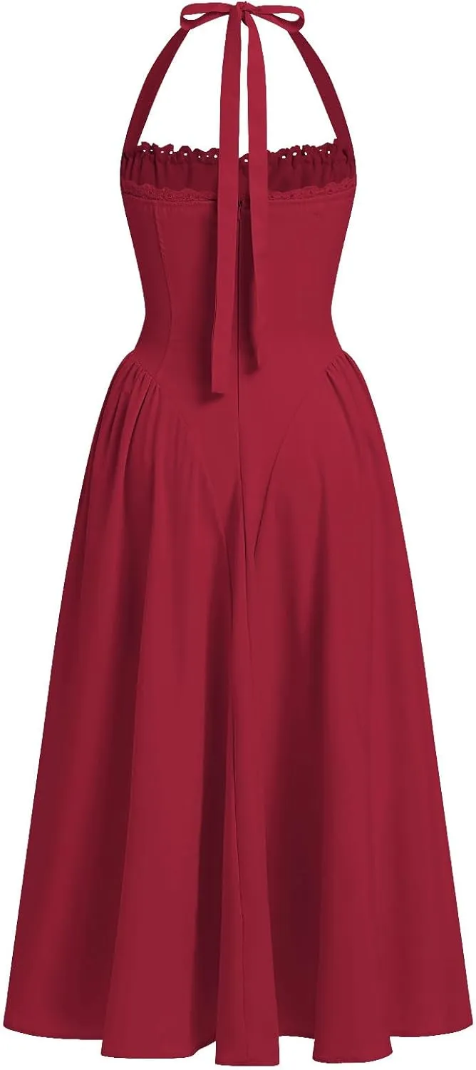 OBEEII Corset Dress for Women Summer Halter Neck Low Cut Bustier Midi Dress Flowy Pleated Hem Long Sundress with Pockets
