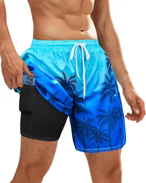 OlyPegic Men's Swim Trunks with Compression Liner Board Beach Shorts Quick Dry Swim Shorts Bathing Suits with Zipper Pock