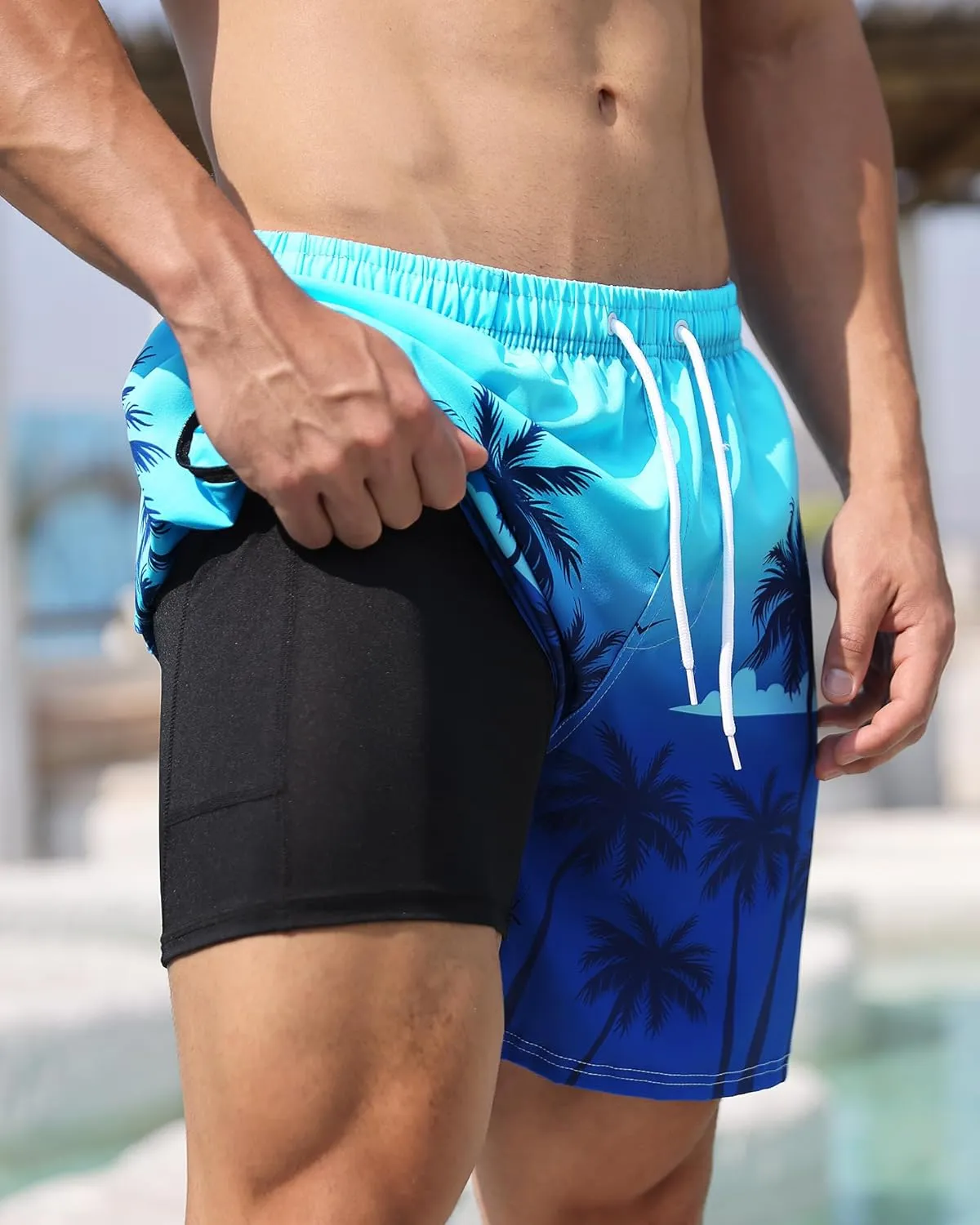 OlyPegic Men's Swim Trunks with Compression Liner Board Beach Shorts Quick Dry Swim Shorts Bathing Suits with Zipper Pock