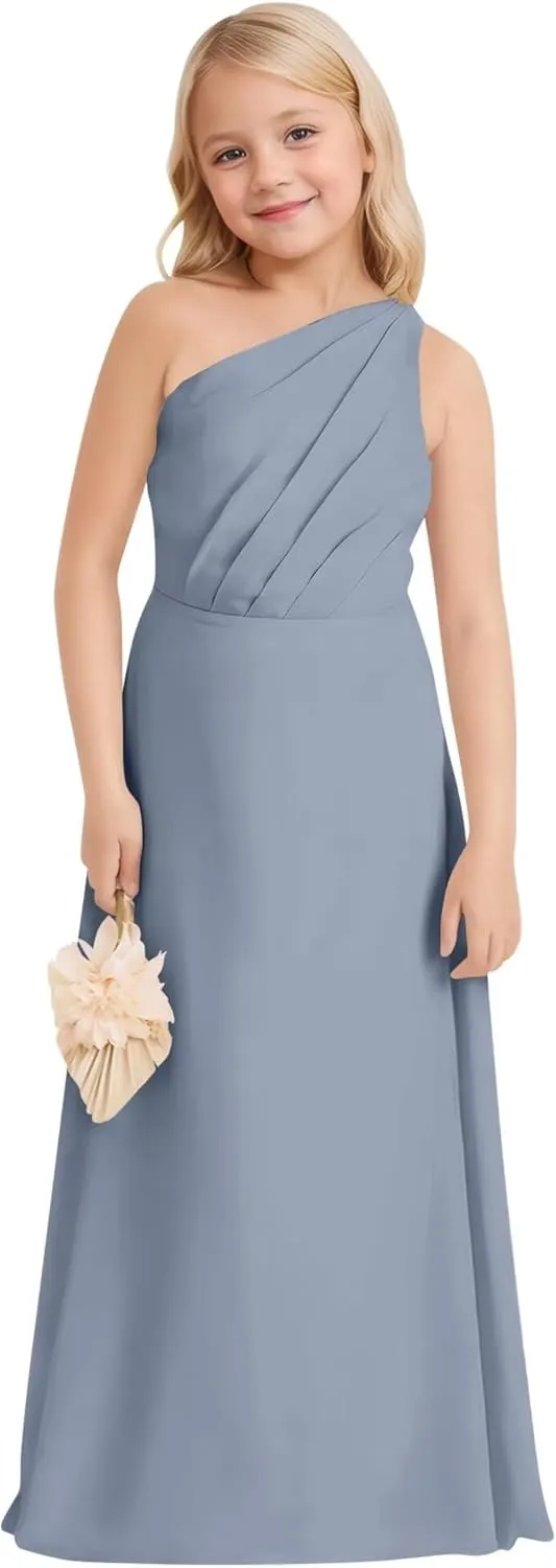 One-Shoulder Junior Bridesmaid Chiffon Dress Flower Girl Dresses for Wedding Girls Formal Birthday Party Gown