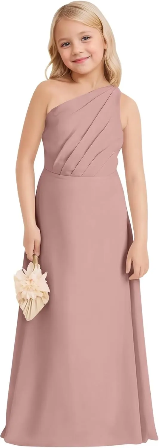 One-Shoulder Junior Bridesmaid Chiffon Dress Flower Girl Dresses for Wedding Girls Formal Birthday Party Gown