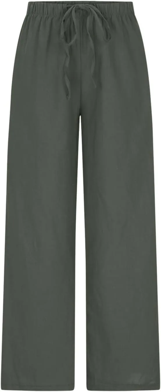 Oplxuo Women's Cotton Linen Palazzo Pants Summer Flowy Wide Leg Beach Trousers Drawstring Stretchy Lounge Pants with Pockets
