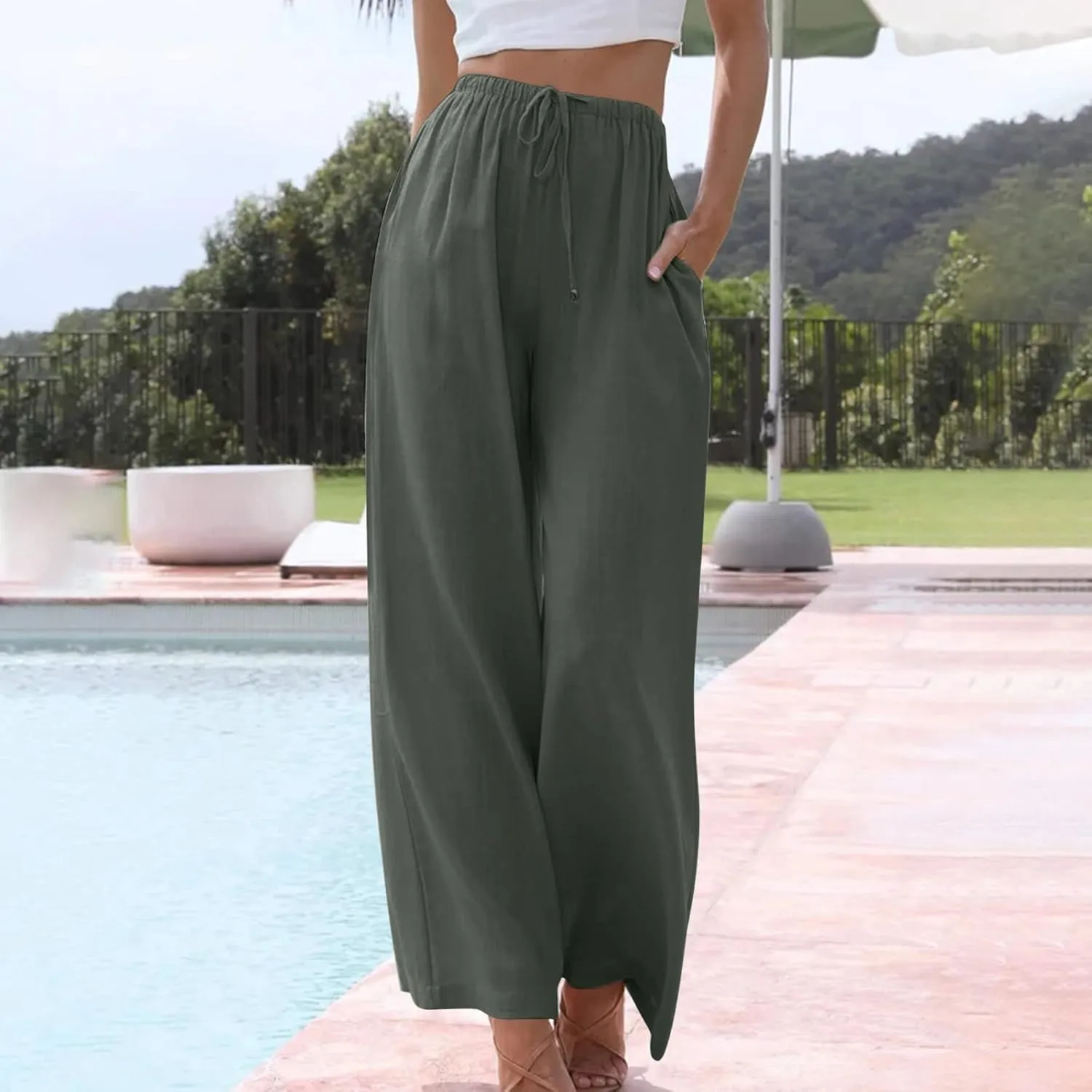 Oplxuo Women's Cotton Linen Palazzo Pants Summer Flowy Wide Leg Beach Trousers Drawstring Stretchy Lounge Pants with Pockets
