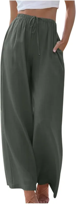 Oplxuo Women's Cotton Linen Palazzo Pants Summer Flowy Wide Leg Beach Trousers Drawstring Stretchy Lounge Pants with Pockets