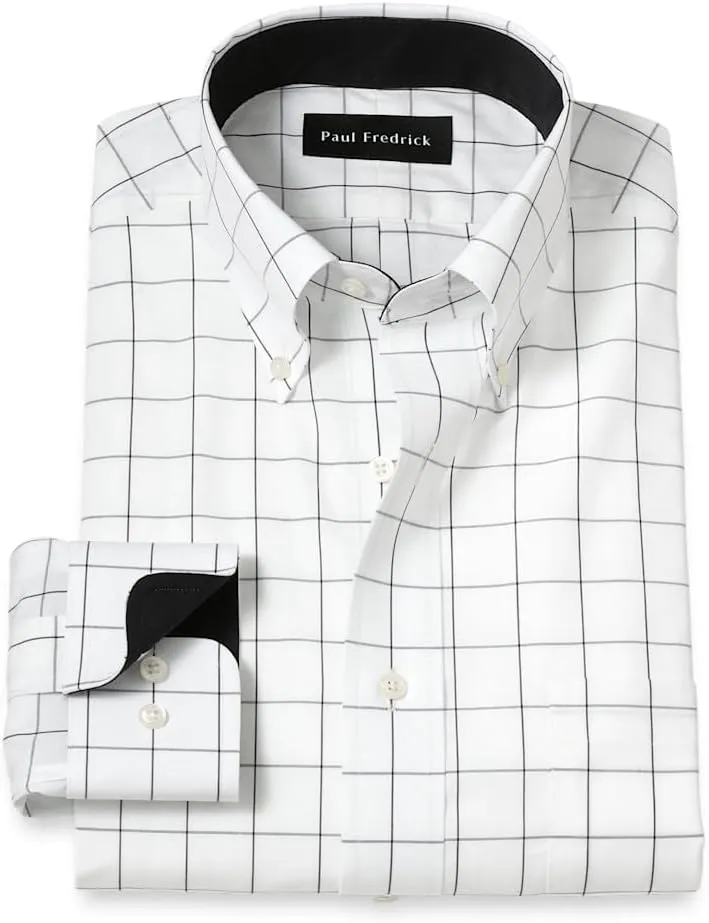 Paul Fredrick Men's Classic Fit Non-Iron Cotton Windowpane Dress Shirt