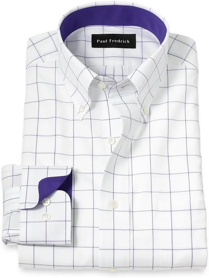 Paul Fredrick Men's Classic Fit Non-Iron Cotton Windowpane Dress Shirt
