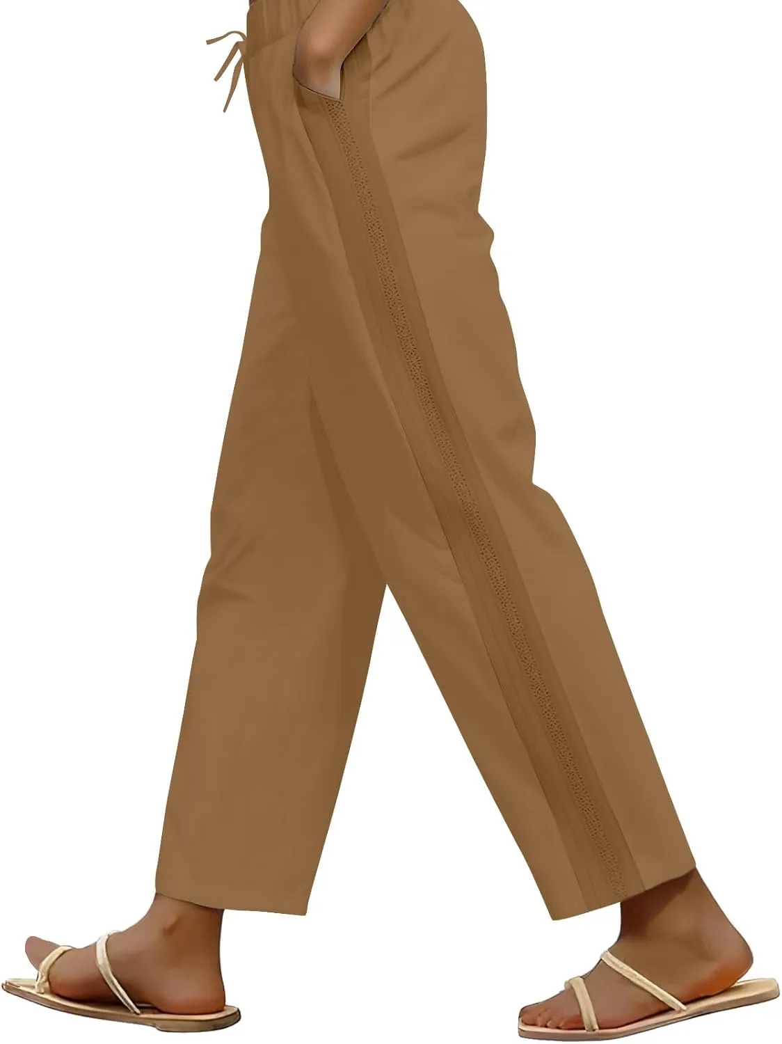 Petite Linen Pants for Women Casual Summer Solid Color Straight Leg Beach High Waisted Linen Pants Comfy Lounge Trousers