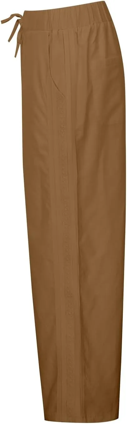 Petite Linen Pants for Women Casual Summer Solid Color Straight Leg Beach High Waisted Linen Pants Comfy Lounge Trousers