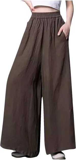 Plus Size Cotton Linen Pants for Women Wide Leg Palazzo Pants Elastic High Waist Flowy Trouser with Pocket