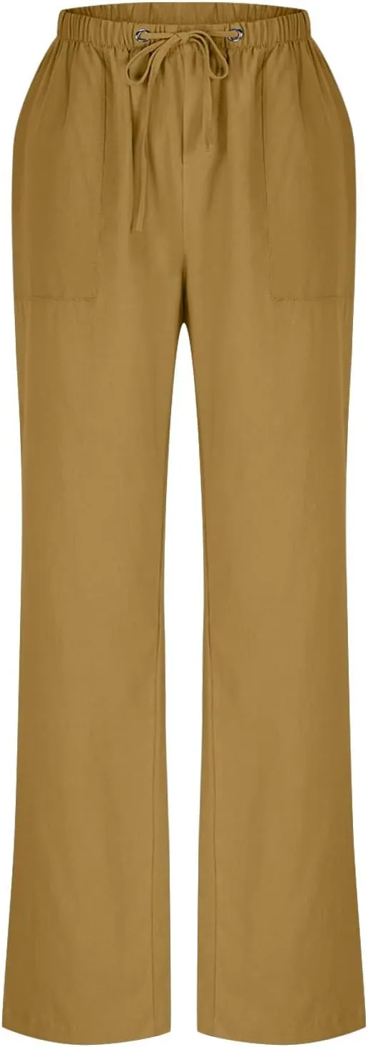 Plus Size Cotton Linen Pants Women Dressy Casual Elastic High Waisted Slacks Summer Trousers with Pockets