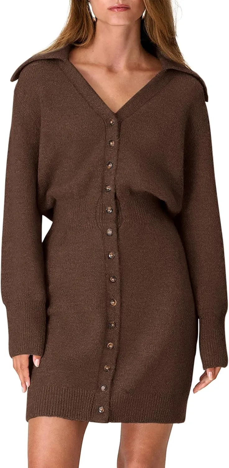 PRETTYGARDEN Sweater Dresses for Women 2025 Trendy Long Sleeve Button Down Short Spring Dress