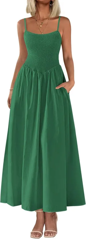 PRETTYGARDEN Women's 2025 Summer Maxi Dresses Beach Sundress Casual Spaghetti Strap Smocked Swing A Line Long Flowy Dress