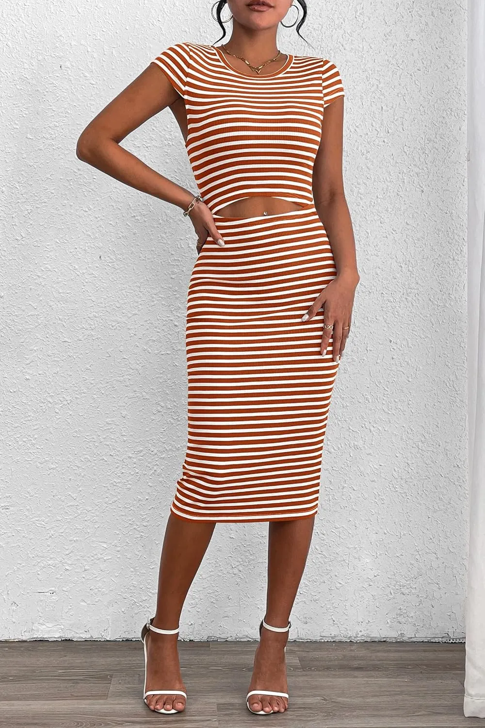 PRETTYGARDEN Women's Long Sleeve Midi Bodycon Dresses Casual Crewneck Cut Out Ribbed Knit Fitted Pencil Dress
