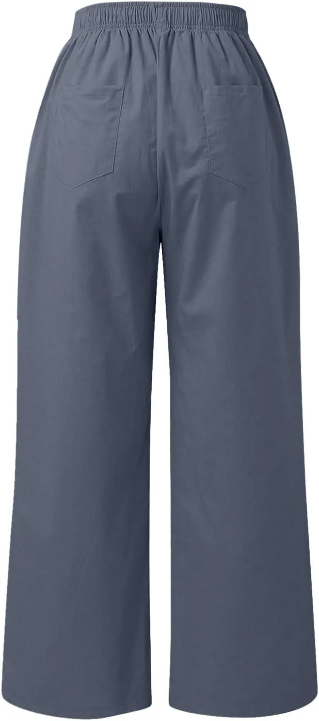 PTOLOCIF Cotton Linen Pants for Women High Waisted Wide Leg Palazzo Pant Drawstring Casual Loose Pants Trousers with Pockets