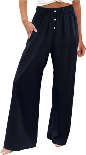 PTOLOCIF Cotton Linen Pants for Women High Waisted Wide Leg Palazzo Pant Drawstring Casual Loose Pants Trousers with Pockets
