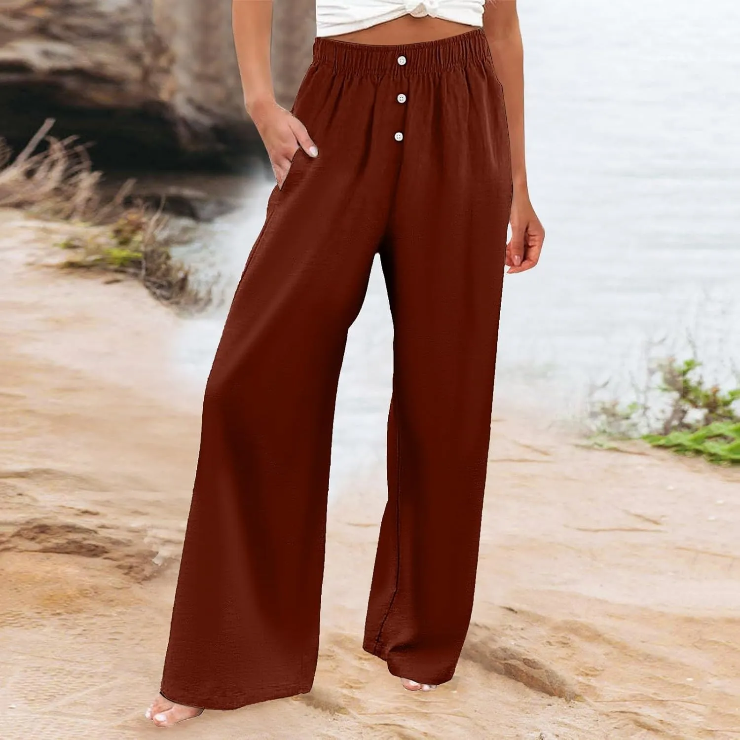 PTOLOCIF Cotton Linen Pants for Women High Waisted Wide Leg Palazzo Pant Drawstring Casual Loose Pants Trousers with Pockets