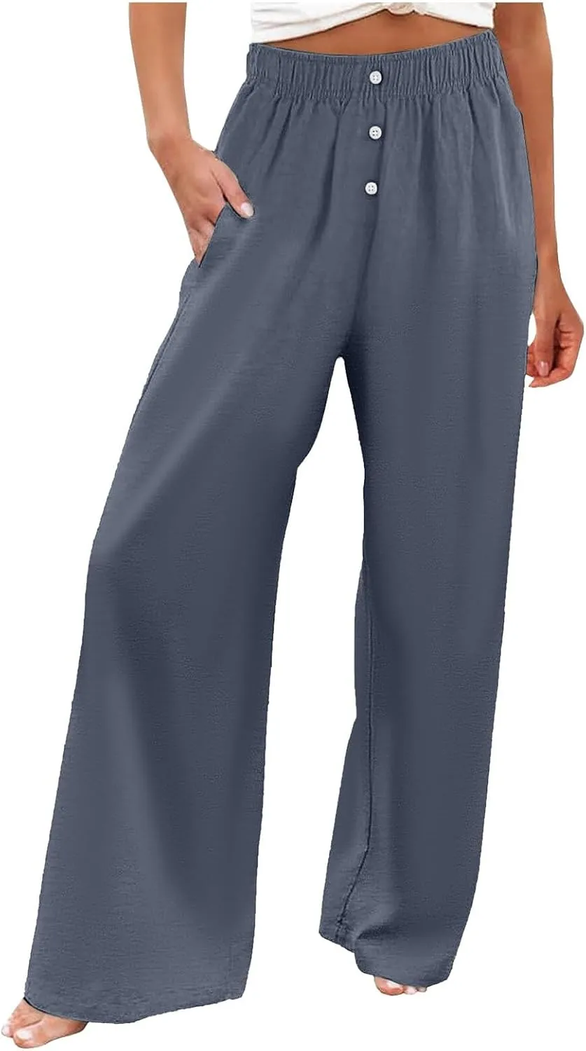 PTOLOCIF Cotton Linen Pants for Women High Waisted Wide Leg Palazzo Pant Drawstring Casual Loose Pants Trousers with Pockets