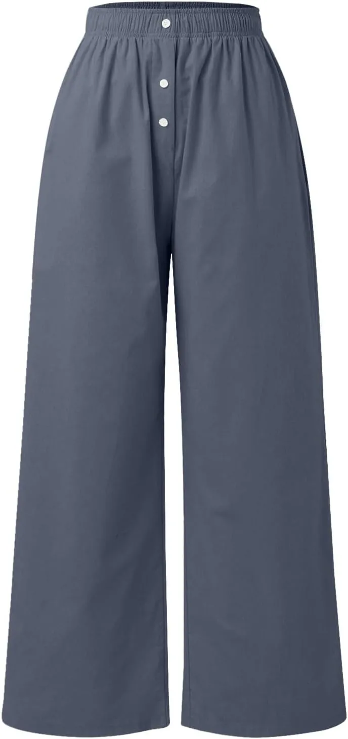 PTOLOCIF Cotton Linen Pants for Women High Waisted Wide Leg Palazzo Pant Drawstring Casual Loose Pants Trousers with Pockets