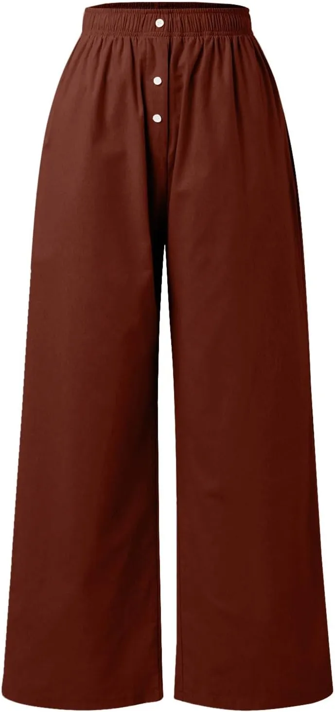 PTOLOCIF Cotton Linen Pants for Women High Waisted Wide Leg Palazzo Pant Drawstring Casual Loose Pants Trousers with Pockets