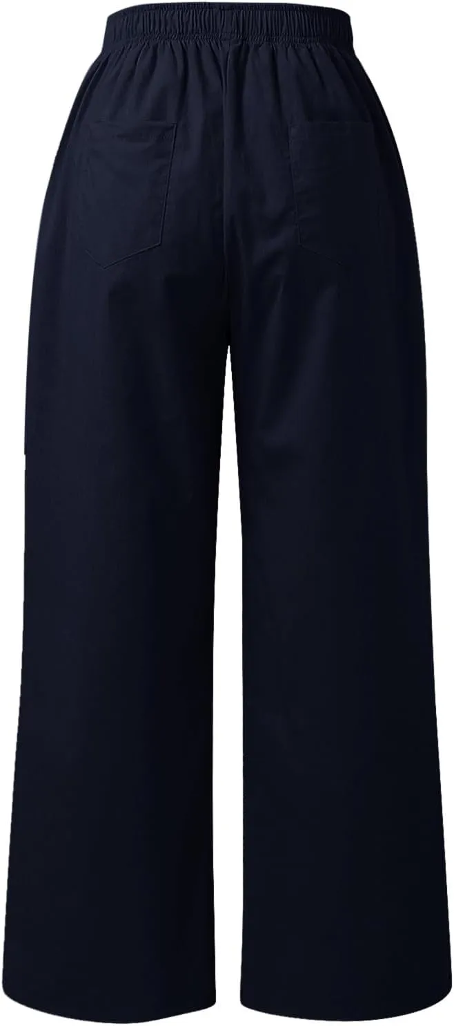 PTOLOCIF Cotton Linen Pants for Women High Waisted Wide Leg Palazzo Pant Drawstring Casual Loose Pants Trousers with Pockets