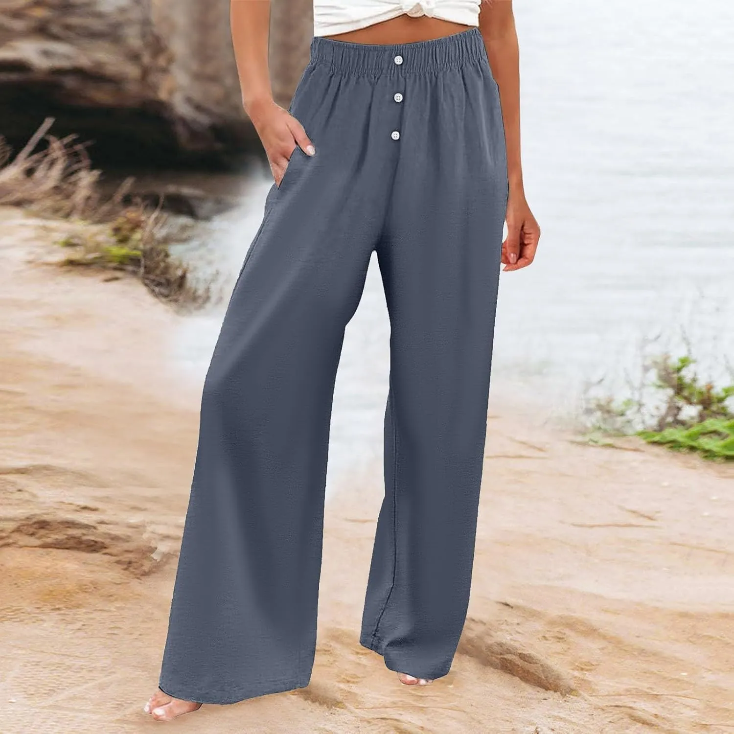 PTOLOCIF Cotton Linen Pants for Women High Waisted Wide Leg Palazzo Pant Drawstring Casual Loose Pants Trousers with Pockets