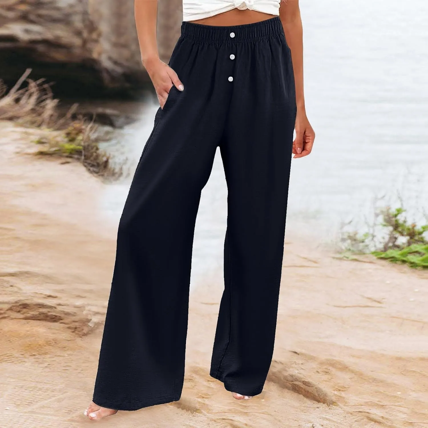 PTOLOCIF Cotton Linen Pants for Women High Waisted Wide Leg Palazzo Pant Drawstring Casual Loose Pants Trousers with Pockets