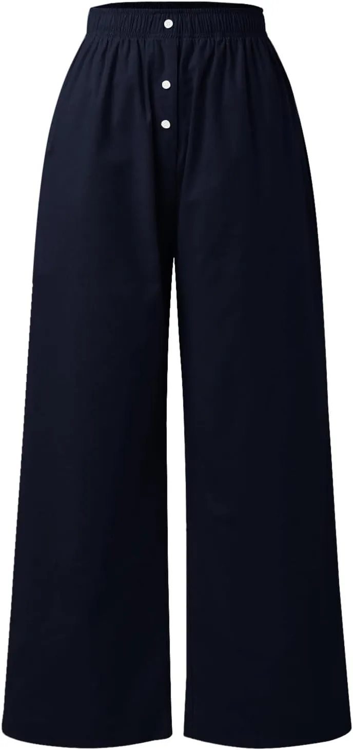 PTOLOCIF Cotton Linen Pants for Women High Waisted Wide Leg Palazzo Pant Drawstring Casual Loose Pants Trousers with Pockets