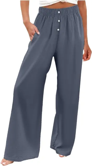 PTOLOCIF Cotton Linen Pants for Women High Waisted Wide Leg Palazzo Pant Drawstring Casual Loose Pants Trousers with Pockets