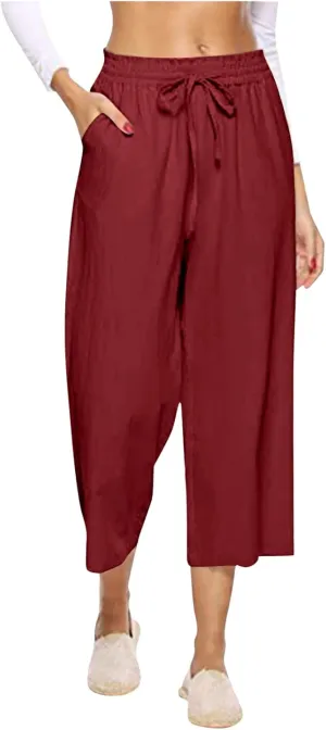 PTOLOCIF Cotton Pants for Women Casual Elastic Waist Wide Leg Pants with Pockets High Waisted Drawstring Beach Pant Trousers