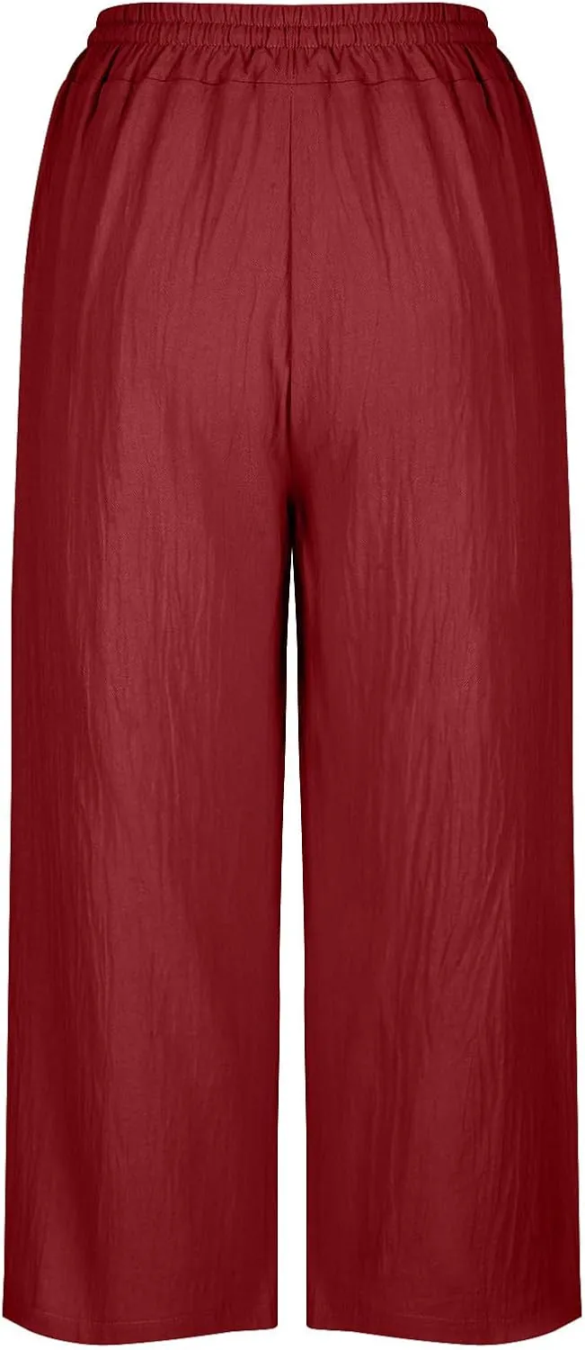 PTOLOCIF Cotton Pants for Women Casual Elastic Waist Wide Leg Pants with Pockets High Waisted Drawstring Beach Pant Trousers