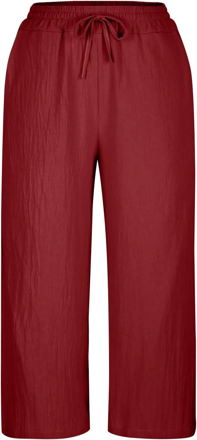 PTOLOCIF Cotton Pants for Women Casual Elastic Waist Wide Leg Pants with Pockets High Waisted Drawstring Beach Pant Trousers