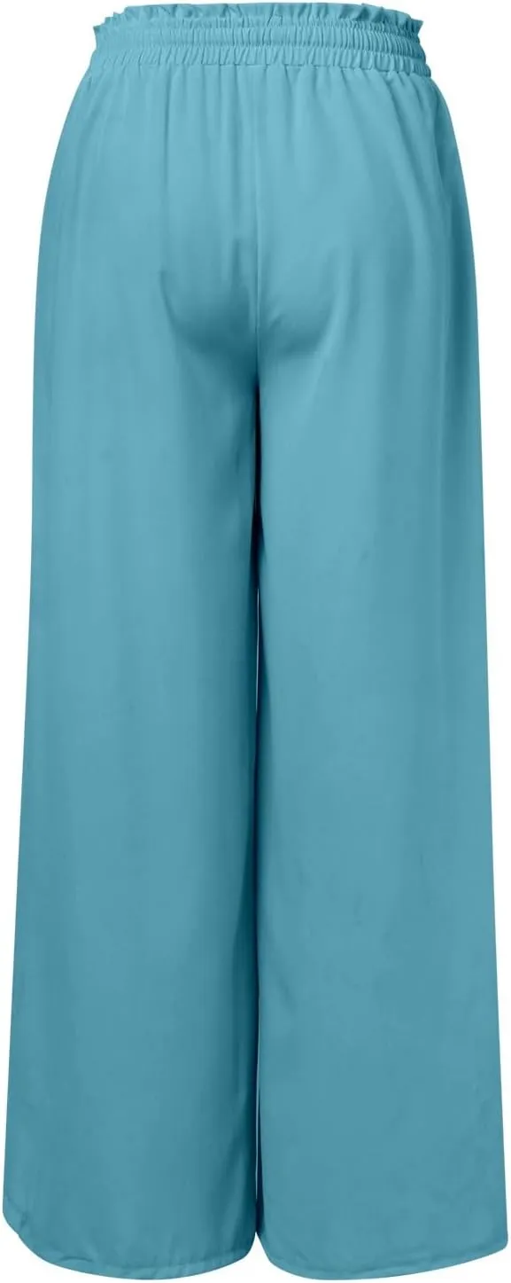 PTOLOCIF Petite Linen Pants for Women Summer Drawstring Elastic Waist Pants Wide Leg Cropped Lounge Trousers with Pockets