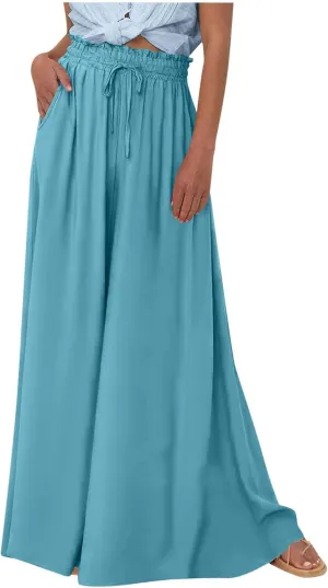 PTOLOCIF Petite Linen Pants for Women Summer Drawstring Elastic Waist Pants Wide Leg Cropped Lounge Trousers with Pockets
