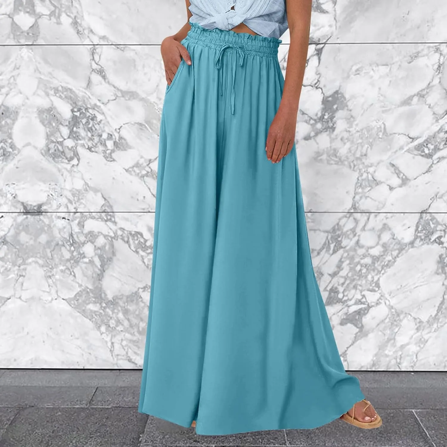 PTOLOCIF Petite Linen Pants for Women Summer Drawstring Elastic Waist Pants Wide Leg Cropped Lounge Trousers with Pockets