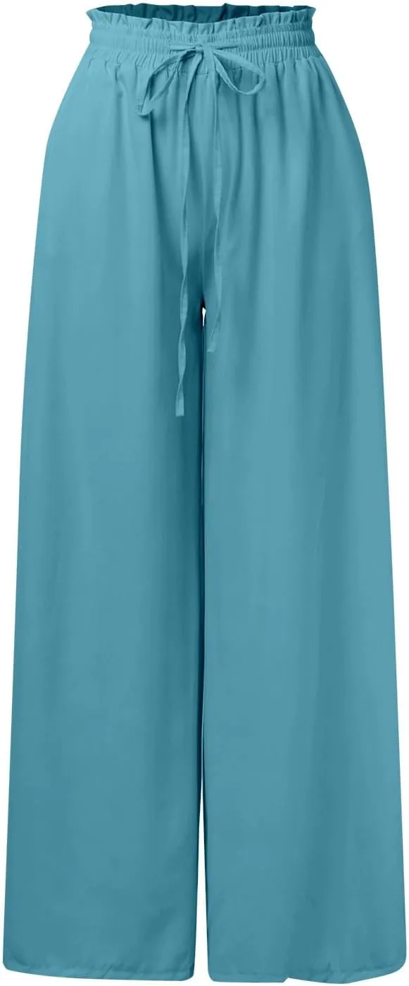 PTOLOCIF Petite Linen Pants for Women Summer Drawstring Elastic Waist Pants Wide Leg Cropped Lounge Trousers with Pockets