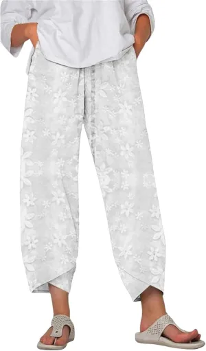 PTOLOCIF Womens Casual Linen Pants Summer Drawstring Waist Pants Wide Leg Loose Cotton Linen Palazzo Trousers with Pockets