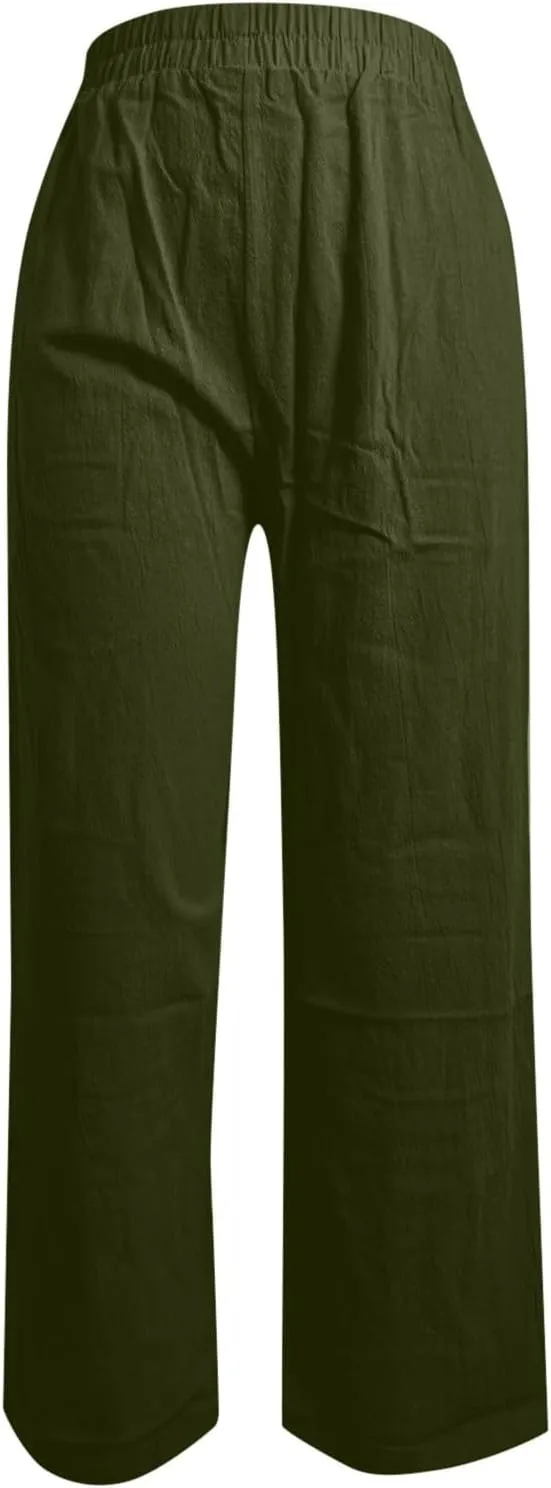 PTOLOCIF Women's Cotton Linen Pants Straight Leg Dress Pants High Waist Cotton Linen Pant Flowy Wide Leg Summer Boho Trousers