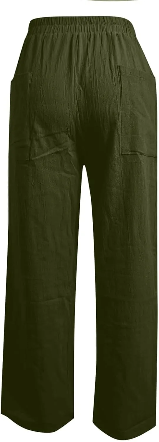 PTOLOCIF Women's Cotton Linen Pants Straight Leg Dress Pants High Waist Cotton Linen Pant Flowy Wide Leg Summer Boho Trousers