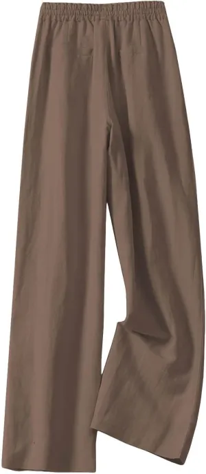 PTOLOCIF Women's Linen Blend Pants Casual Lightweight Wide Leg Palazzo Pant Drawstring Elastic Waist Pants with Pockets