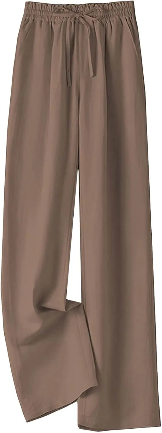 PTOLOCIF Women's Linen Blend Pants Casual Lightweight Wide Leg Palazzo Pant Drawstring Elastic Waist Pants with Pockets